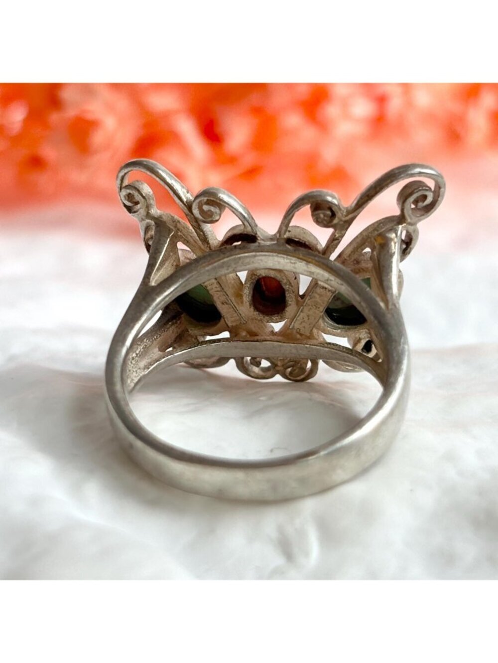 Turquoise & Coral Gemstone Butterfly Sterling Silver 925 Vintage Ring - sz 6.75 - Picture 14 of 16